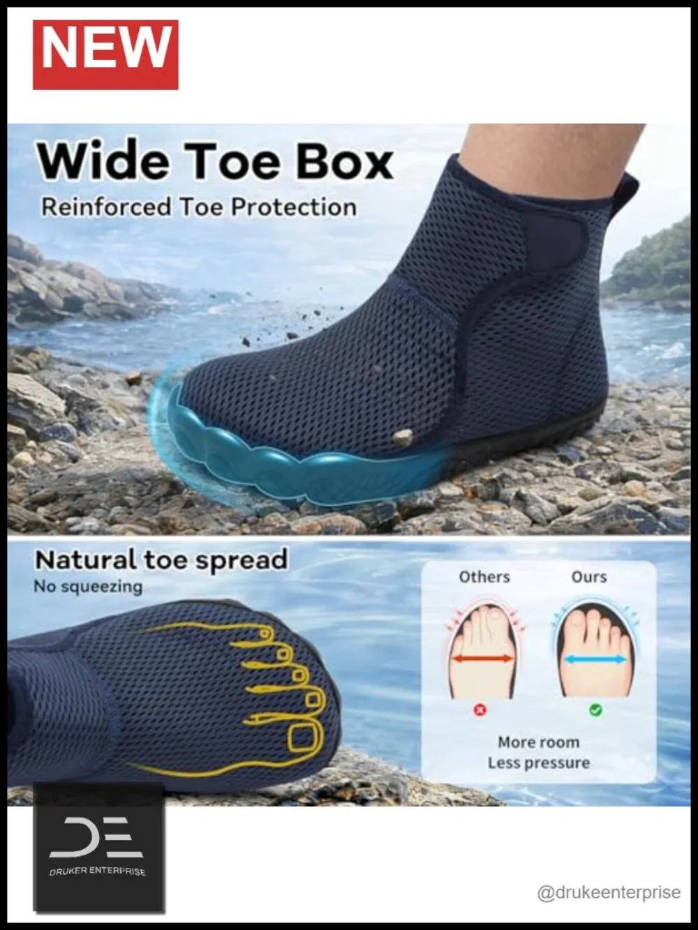 Barefoot High Top Water Shoes, Non-Slip, Quick-Dry Mesh, Adjustable Strap